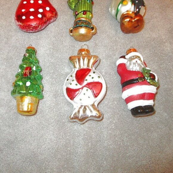 Set Of 6 MERCURY Blown GLASS Ornaments CACTUS Santa TREE Snowman VINTAGE 70s - Picture 4 of 12